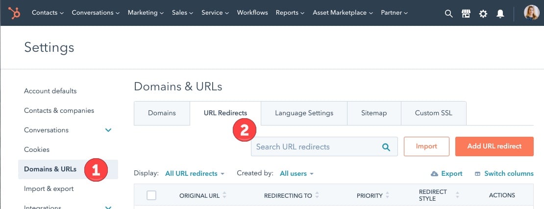 HubSpot URL Redirect Settings